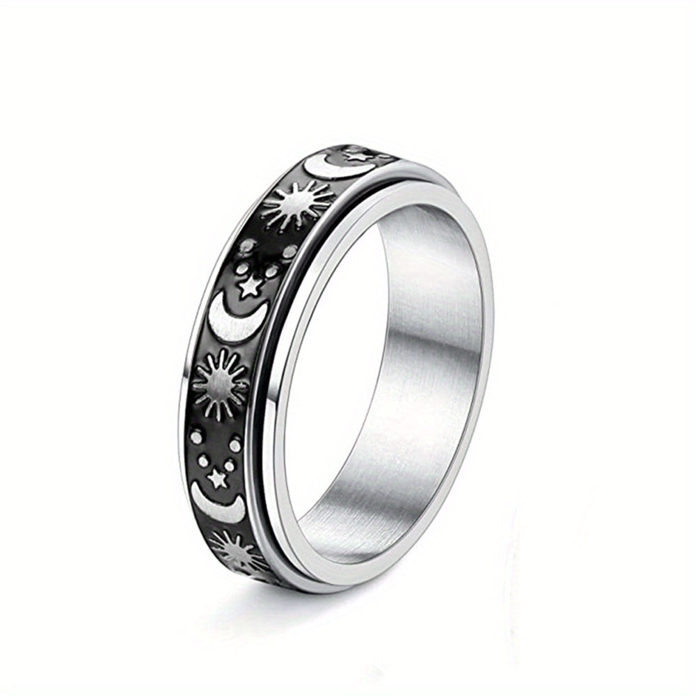 1pc Stainless Steel Rotatable Couple Ring - Vintage Celestial Design with Sun & Moon Phases, Black & Golden Tone Interlocking Bands, Unisex Jewelry Gift for Anniversary, Graduation, Summer Daily Wear, Celestial Jewelry, Anniversary Present, Minimalist